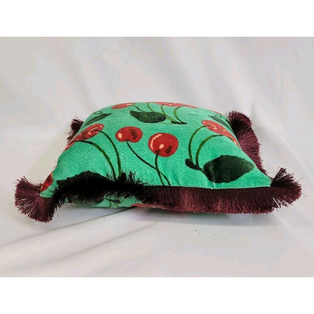 Anthropologie Maeve Le Petit Cherry Velvet Brush Fringe 10" Decorative Pillow - Picture 4 of 10